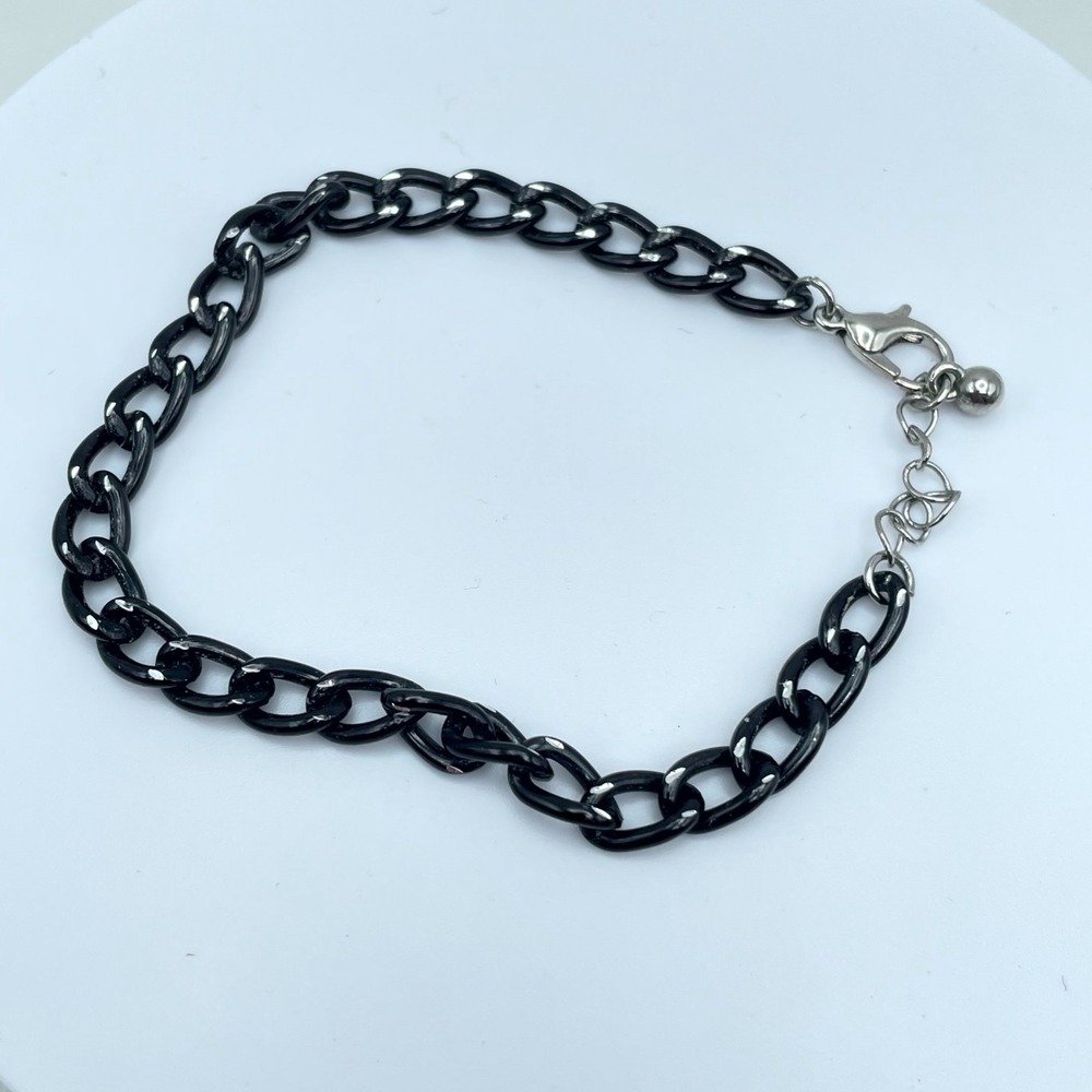 Classic Adjustable Black Coated Silver-Tone Curb Link Chain Lobster Bracelet